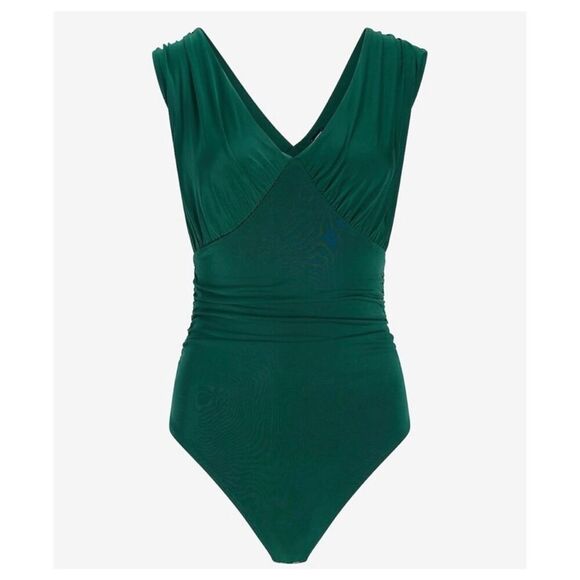 ✨EXPRESS Green Body Contour Double Layer Empire V Neck Sz XS Bodysuit✨ - Picture 3 of 9